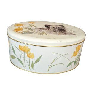 Vintage Dog Decor Tin Yellow Flowers & Skye Terrier Design England Oval 7" Good